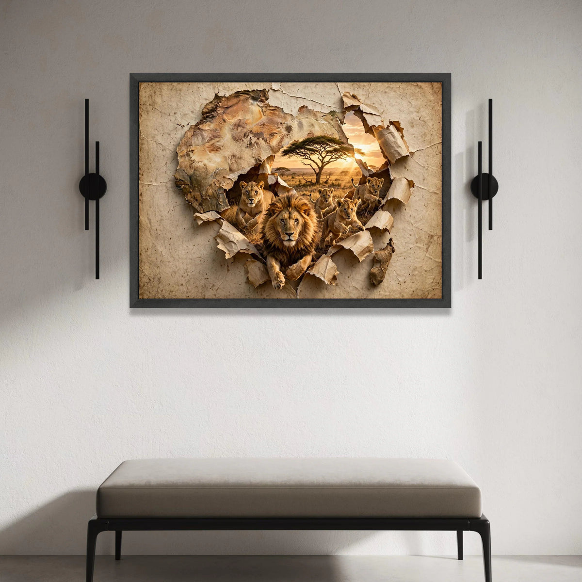 Majestic Lion Family Canvas, African Wildlife Wall Art, Savannah Sunset Scene, Safari Nature Canvas, Animal Wall Decoration Canvas Print Art