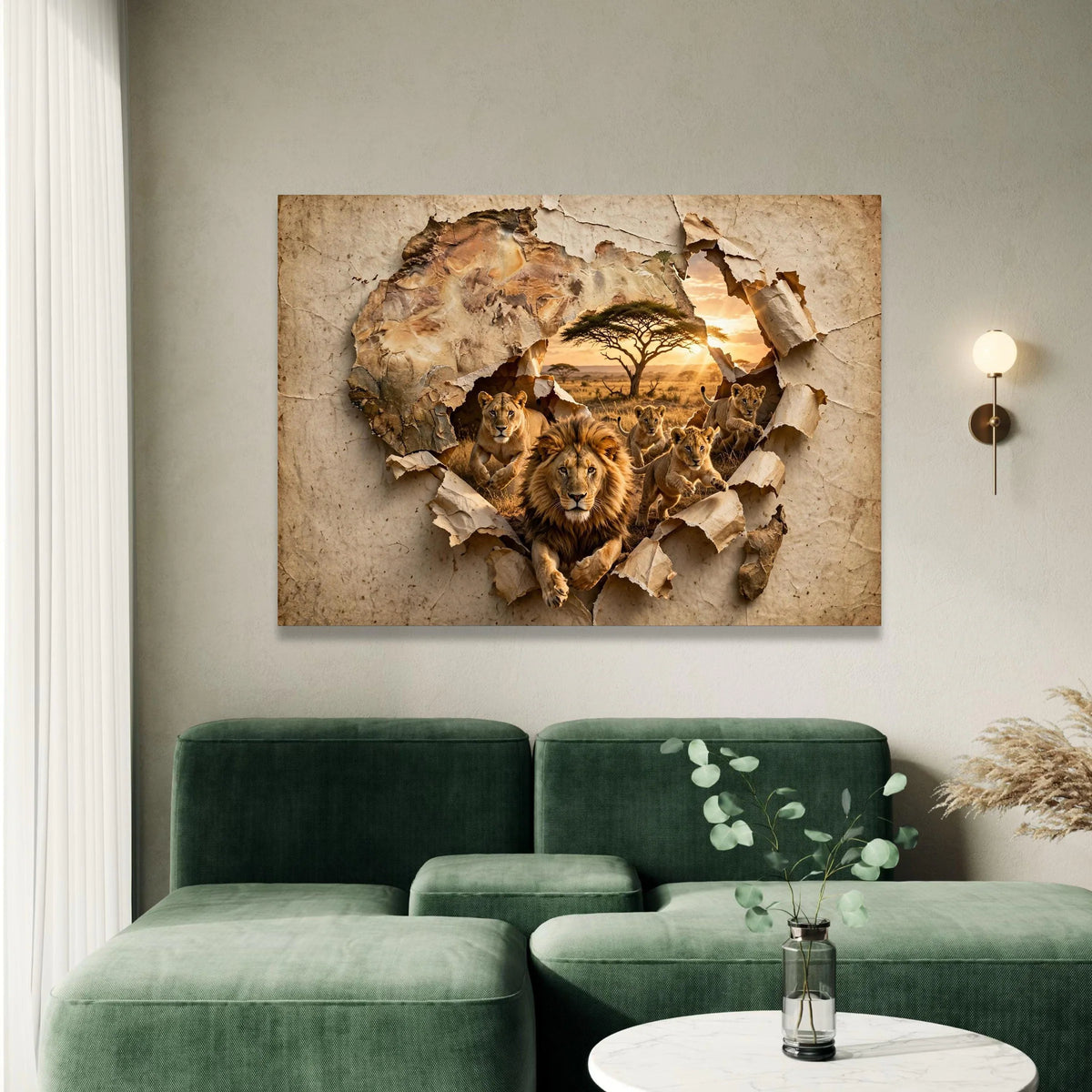 Majestic Lion Family Canvas, African Wildlife Wall Art, Savannah Sunset Scene, Safari Nature Canvas, Animal Wall Decoration Canvas Print Art