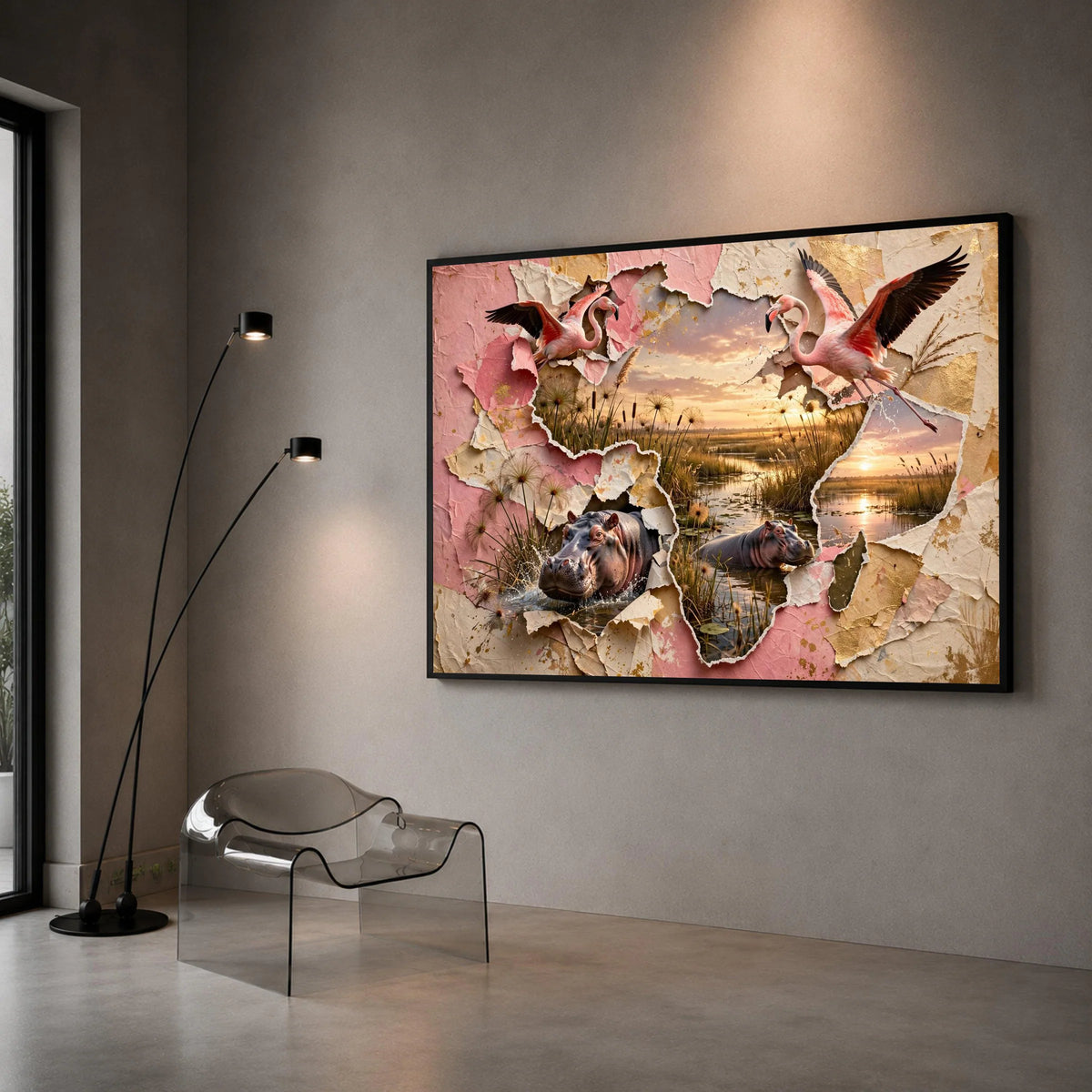 Tropical Sunset Wildlife Canvas, Flamingo and Hippo Wall Art, Nature Splash Scene, Layered Paper Design, Home Decor Canvas Canvas Print Art