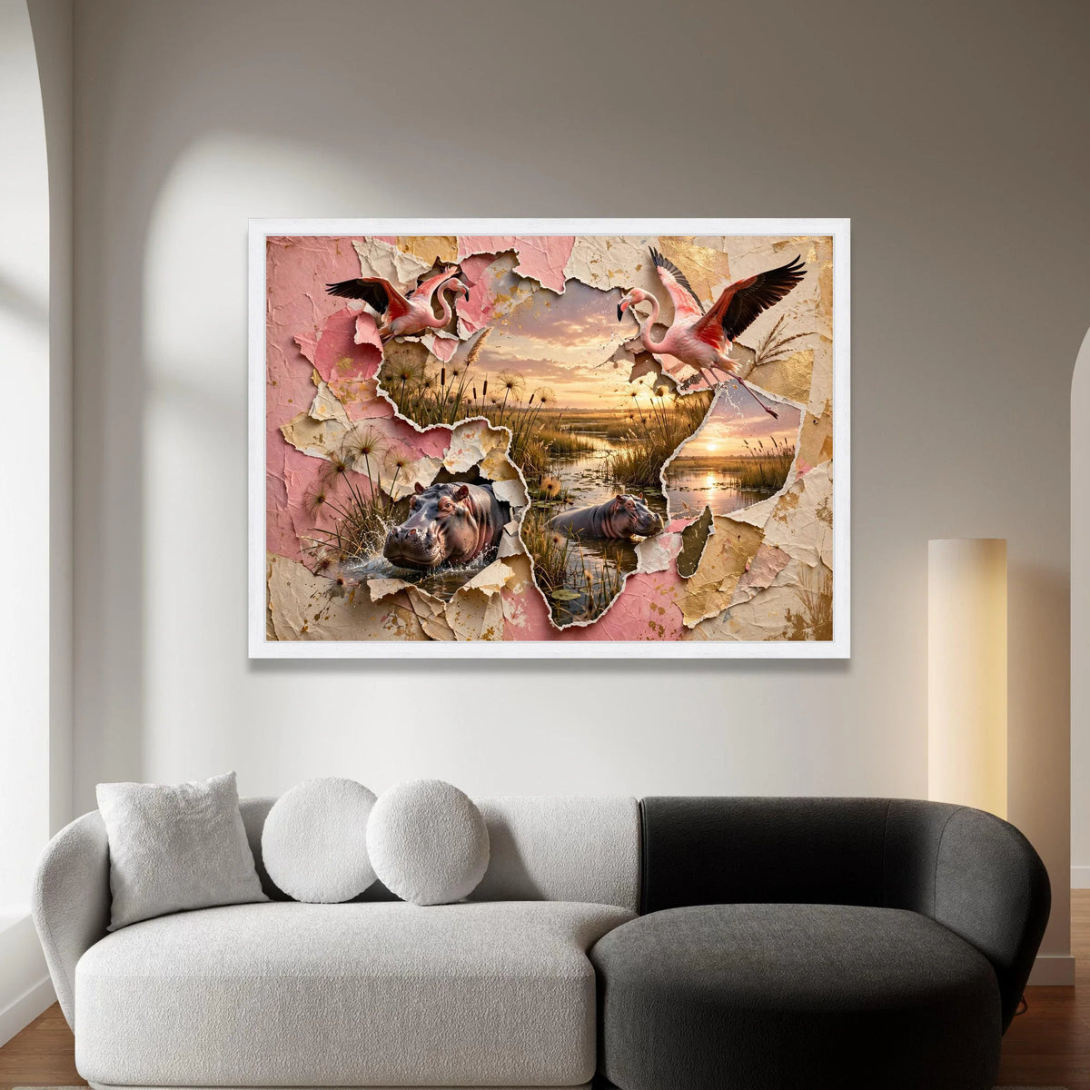 Tropical Sunset Wildlife Canvas, Flamingo and Hippo Wall Art, Nature Splash Scene, Layered Paper Design, Home Decor Canvas Canvas Print Art