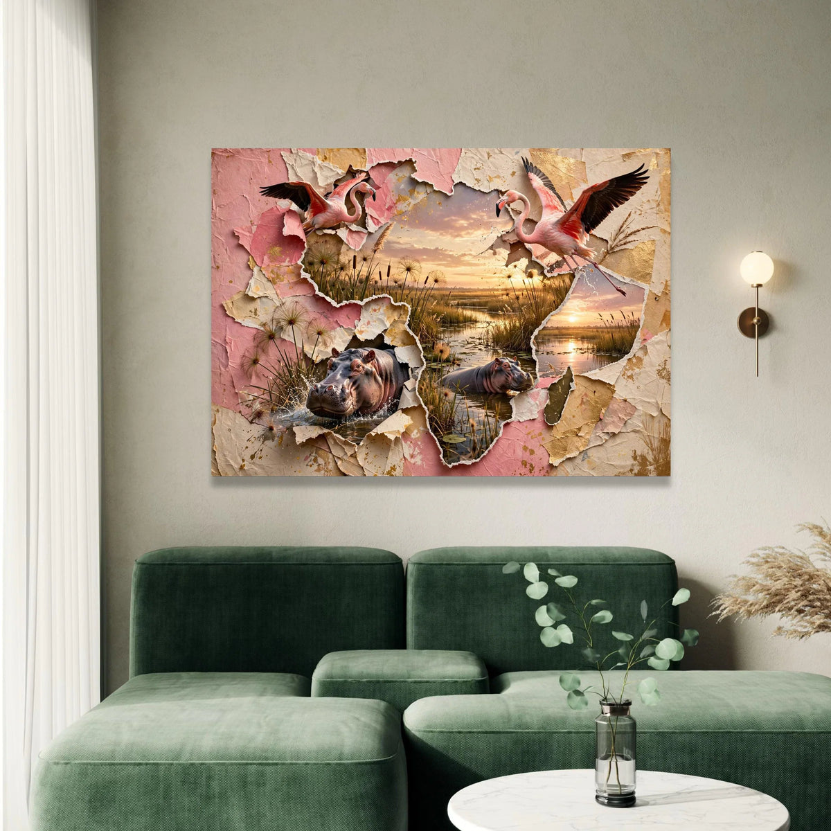 Tropical Sunset Wildlife Canvas, Flamingo and Hippo Wall Art, Nature Splash Scene, Layered Paper Design, Home Decor Canvas Canvas Print Art