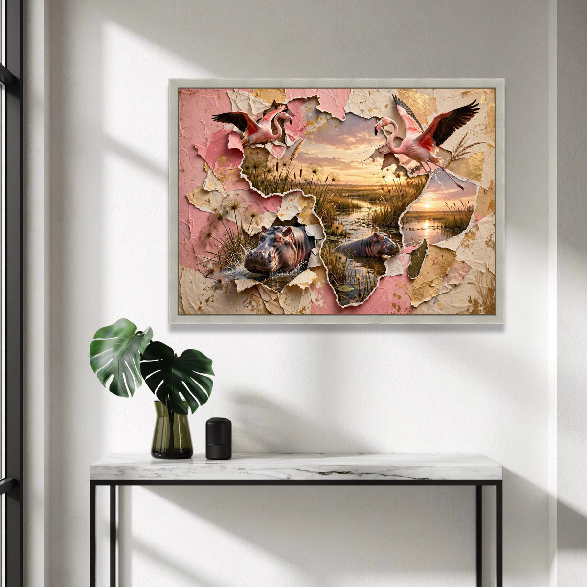 Tropical Sunset Wildlife Canvas, Flamingo and Hippo Wall Art, Nature Splash Scene, Layered Paper Design, Home Decor Canvas Canvas Print Art