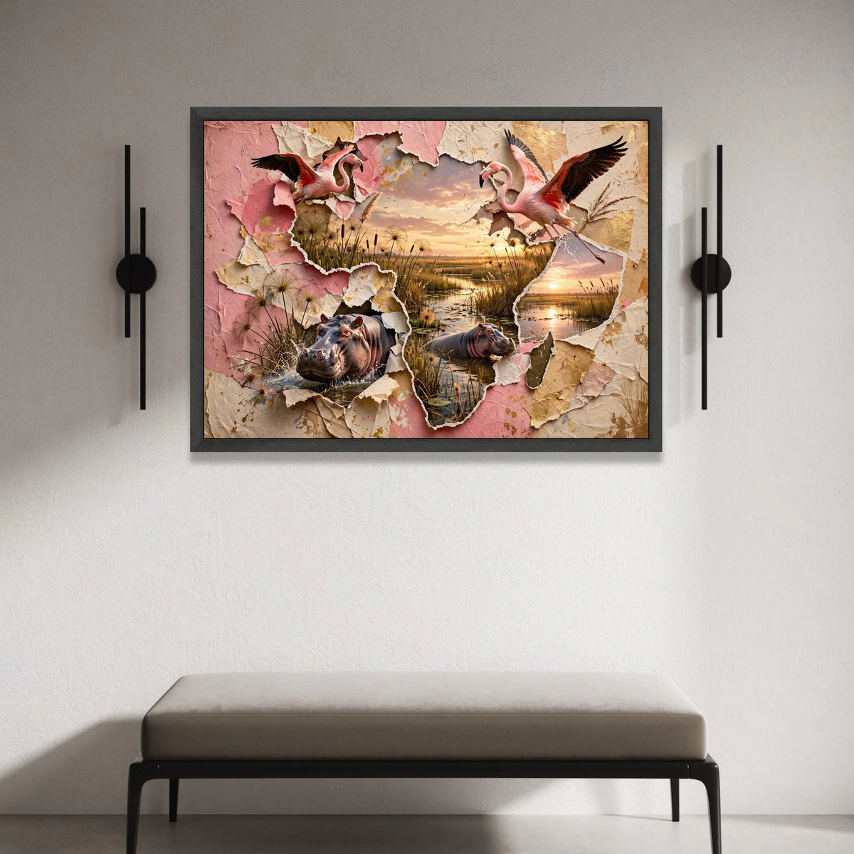 Tropical Sunset Wildlife Canvas, Flamingo and Hippo Wall Art, Nature Splash Scene, Layered Paper Design, Home Decor Canvas Canvas Print Art