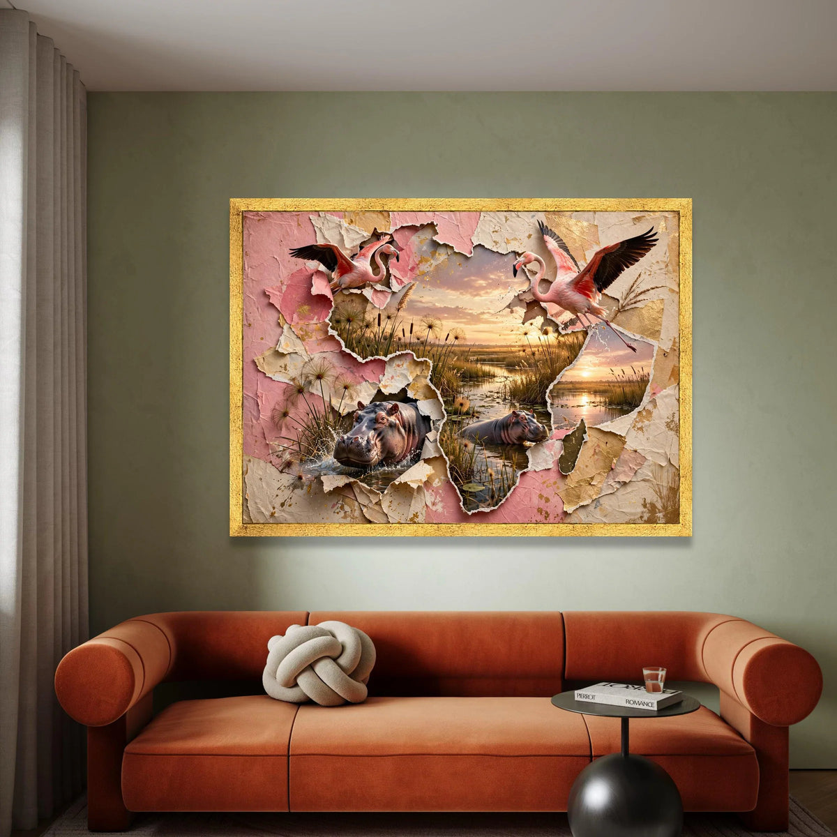 Tropical Sunset Wildlife Canvas, Flamingo and Hippo Wall Art, Nature Splash Scene, Layered Paper Design, Home Decor Canvas Canvas Print Art