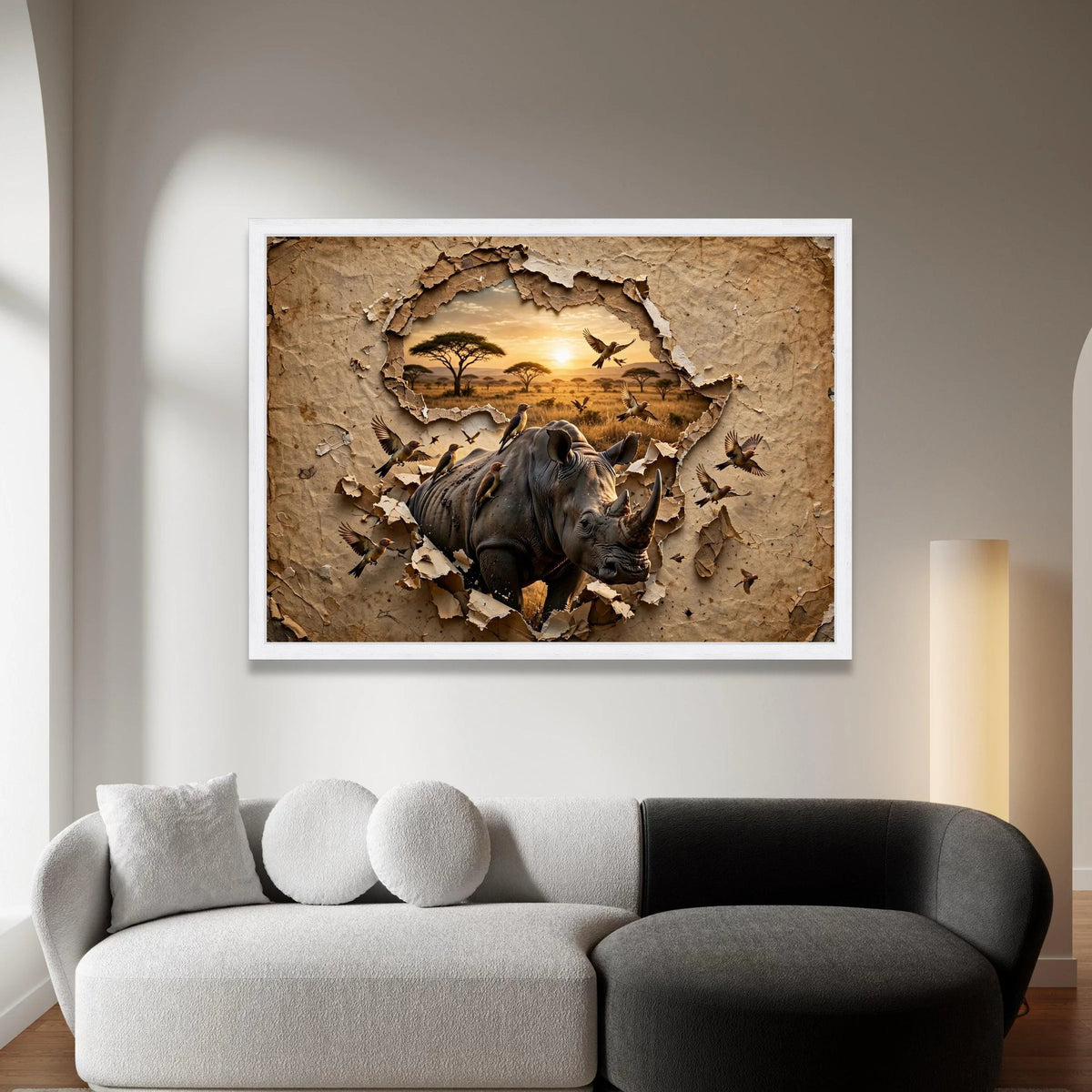 Majestic Rhino Safari Canvas, African Wildlife Wall Art, Nature Landscape Canvas, Birds Flight, Savanna Sunset Canvas Canvas Print Art