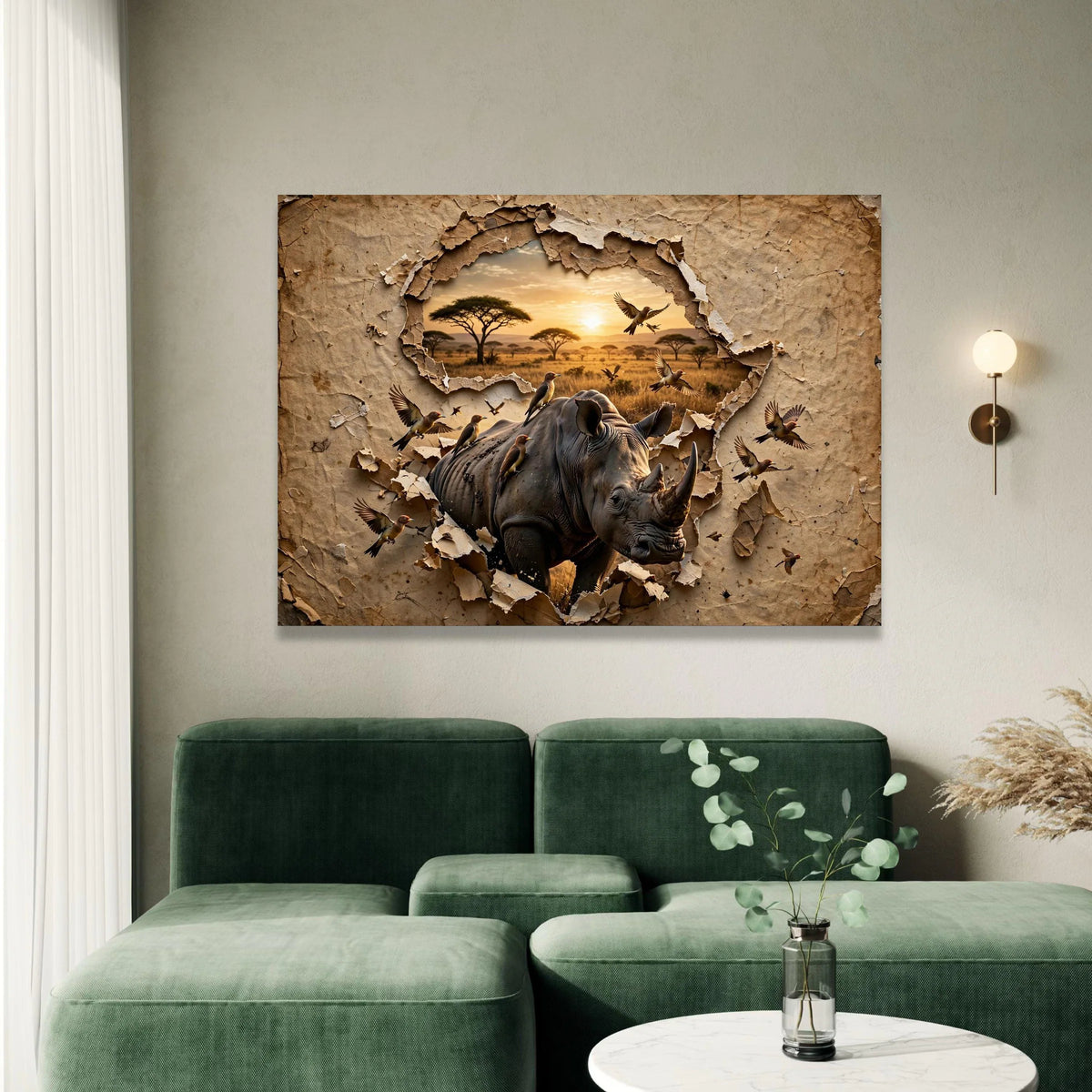 Majestic Rhino Safari Canvas, African Wildlife Wall Art, Nature Landscape Canvas, Birds Flight, Savanna Sunset Canvas Canvas Print Art