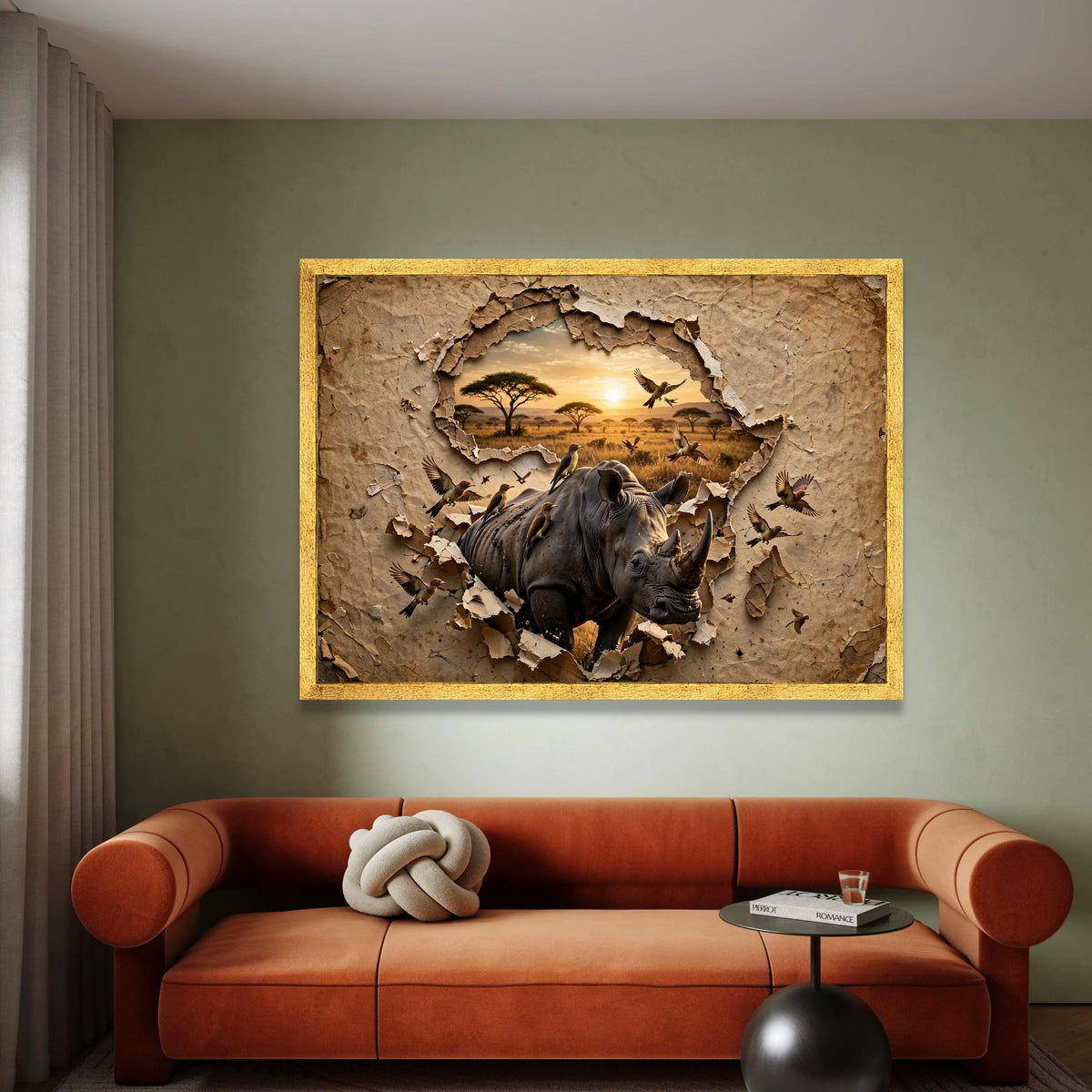 Majestic Rhino Safari Canvas, African Wildlife Wall Art, Nature Landscape Canvas, Birds Flight, Savanna Sunset Canvas Canvas Print Art