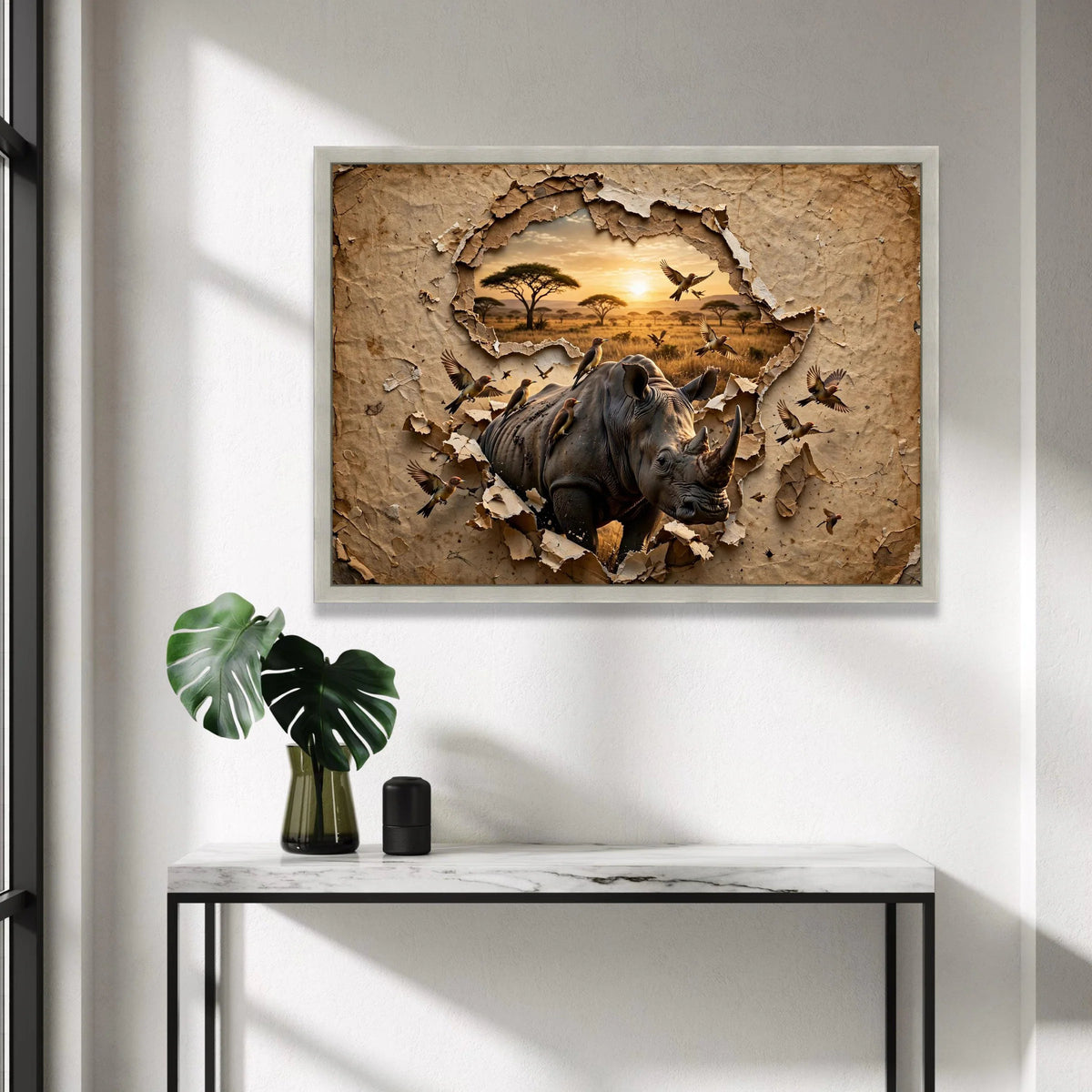 Majestic Rhino Safari Canvas, African Wildlife Wall Art, Nature Landscape Canvas, Birds Flight, Savanna Sunset Canvas Canvas Print Art