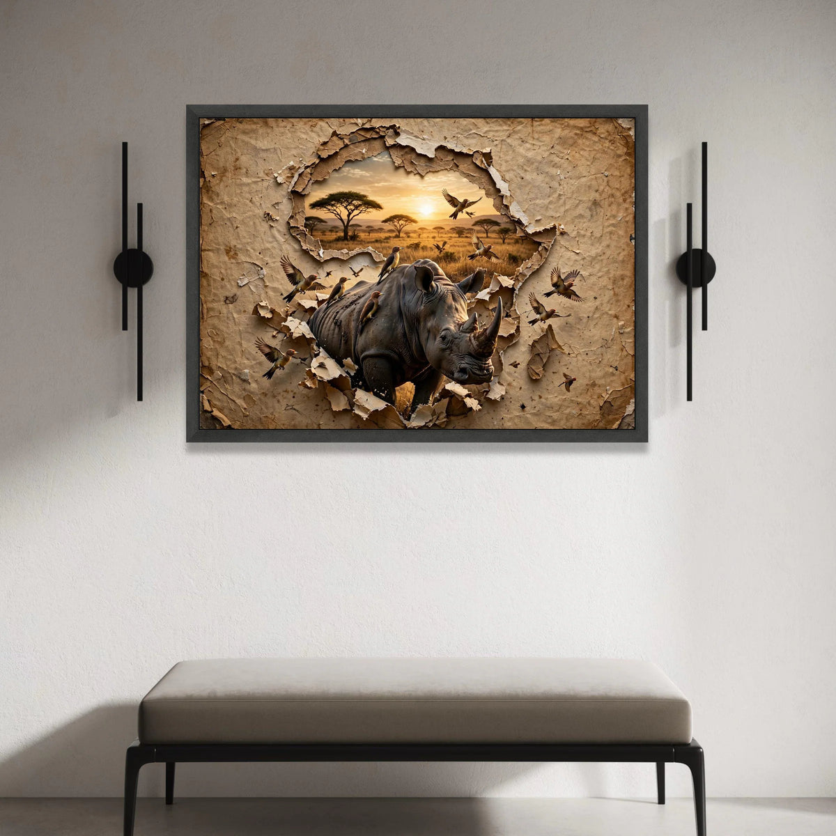 Majestic Rhino Safari Canvas, African Wildlife Wall Art, Nature Landscape Canvas, Birds Flight, Savanna Sunset Canvas Canvas Print Art