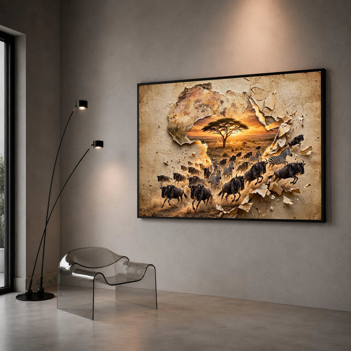 African Safari Wildlife Canvas, Sunset Landscape Wall Art, Acacia Tree and Wildlife Herd, Nature Scene Canvas, Home Décor Canvas Print Art