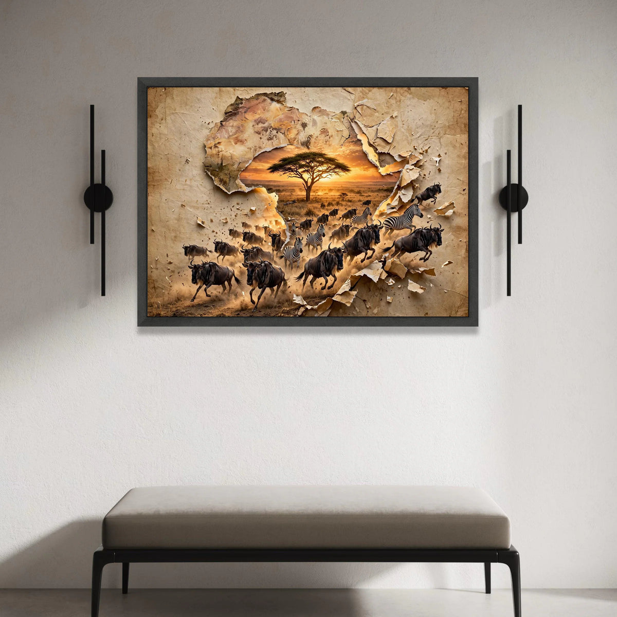 African Safari Wildlife Canvas, Sunset Landscape Wall Art, Acacia Tree and Wildlife Herd, Nature Scene Canvas, Home Décor Canvas Print Art