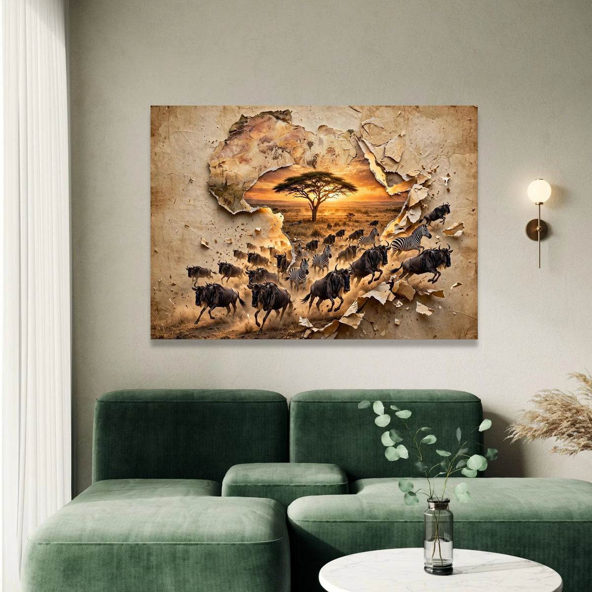 African Safari Wildlife Canvas, Sunset Landscape Wall Art, Acacia Tree and Wildlife Herd, Nature Scene Canvas, Home Décor Canvas Print Art