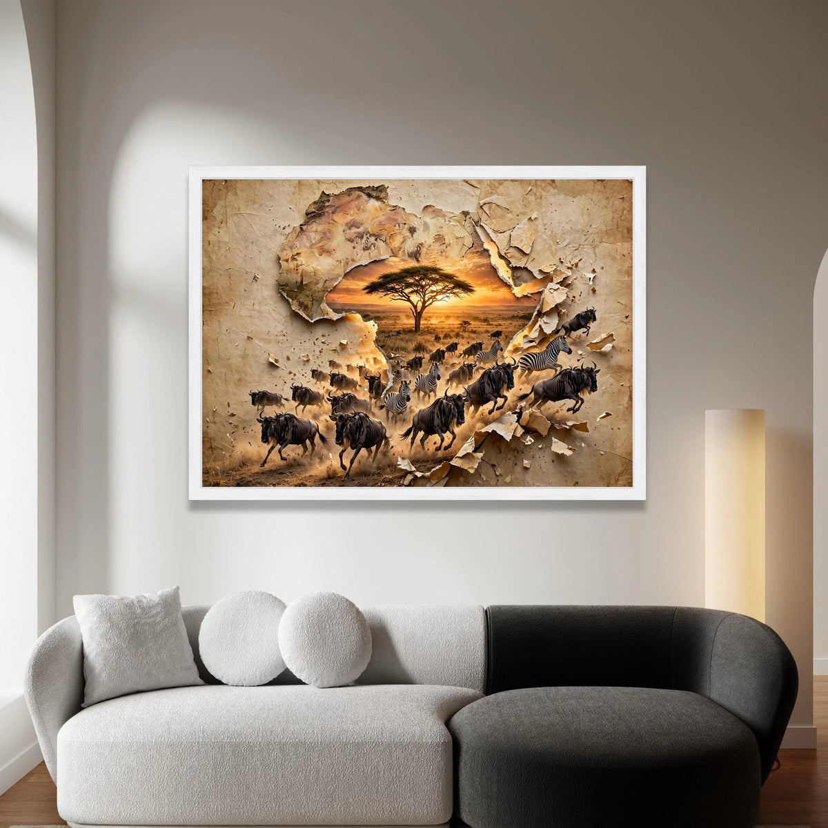 African Safari Wildlife Canvas, Sunset Landscape Wall Art, Acacia Tree and Wildlife Herd, Nature Scene Canvas, Home Décor Canvas Print Art