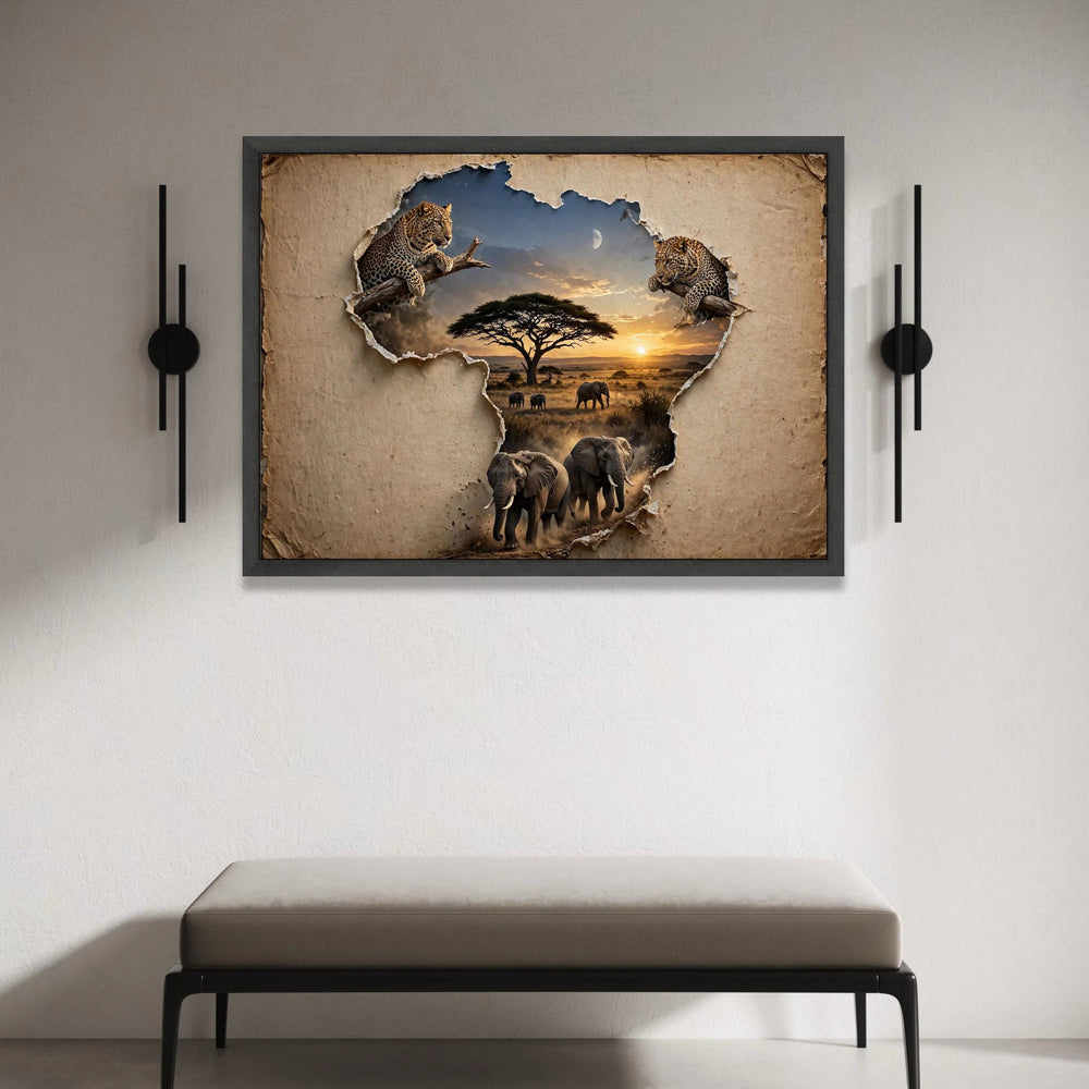 African Wildlife Safari Scene Canvas, Leopard and Elephant Art, Safari Landscape Canvas, Nature Animal Wall Decor, Sunset Canvas Print Art