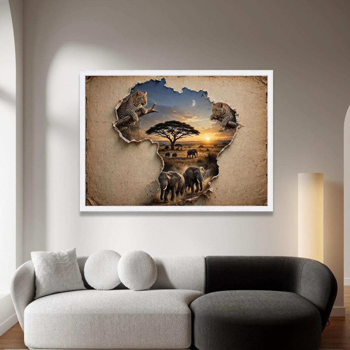 African Wildlife Safari Scene Canvas, Leopard and Elephant Art, Safari Landscape Canvas, Nature Animal Wall Decor, Sunset Canvas Print Art