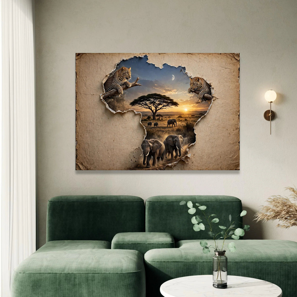 African Wildlife Safari Scene Canvas, Leopard and Elephant Art, Safari Landscape Canvas, Nature Animal Wall Decor, Sunset Canvas Print Art