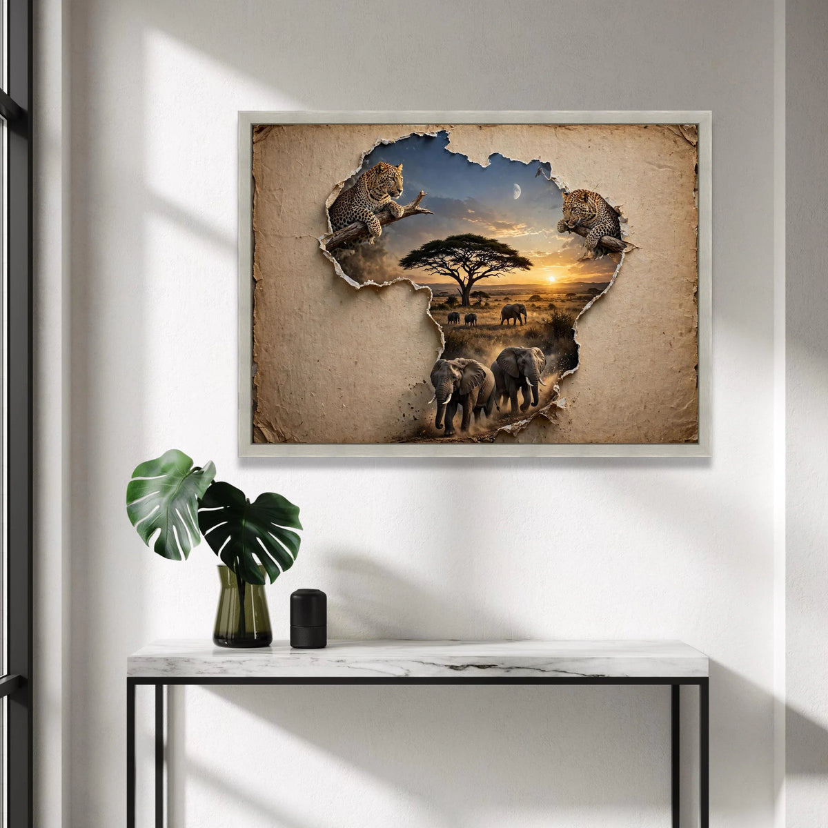 African Wildlife Safari Scene Canvas, Leopard and Elephant Art, Safari Landscape Canvas, Nature Animal Wall Decor, Sunset Canvas Print Art