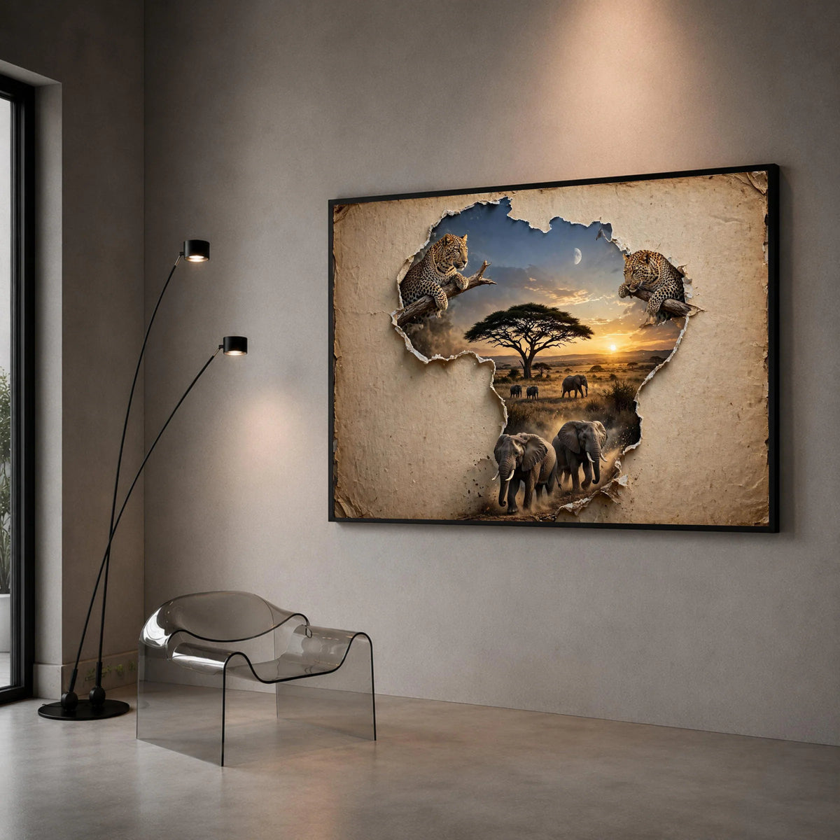 African Wildlife Safari Scene Canvas, Leopard and Elephant Art, Safari Landscape Canvas, Nature Animal Wall Decor, Sunset Canvas Print Art