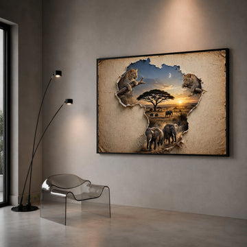 African Wildlife Safari Scene Canvas, Leopard and Elephant Art, Safari Landscape Canvas, Nature Animal Wall Decor, Sunset Canvas Print Art