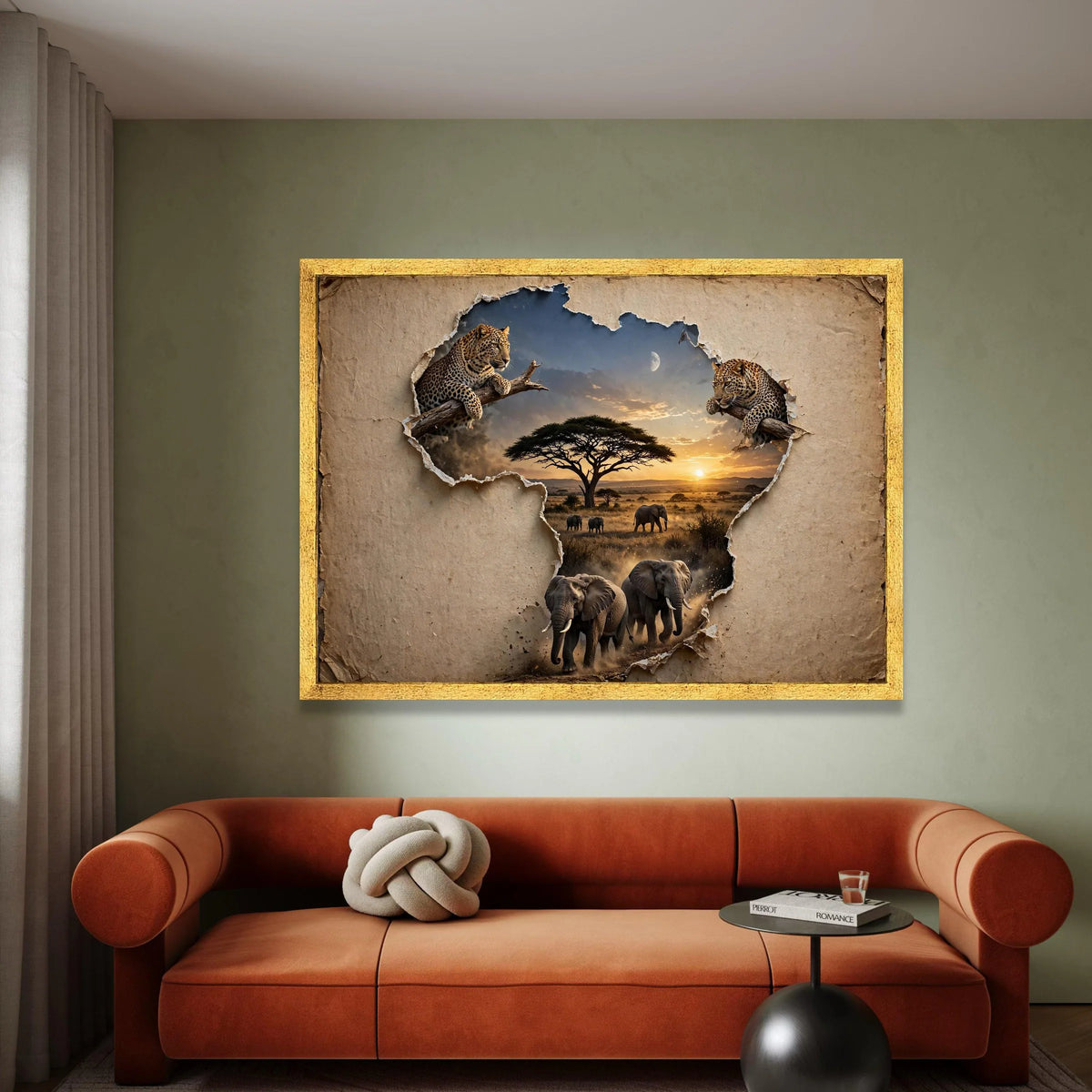 African Wildlife Safari Scene Canvas, Leopard and Elephant Art, Safari Landscape Canvas, Nature Animal Wall Decor, Sunset Canvas Print Art