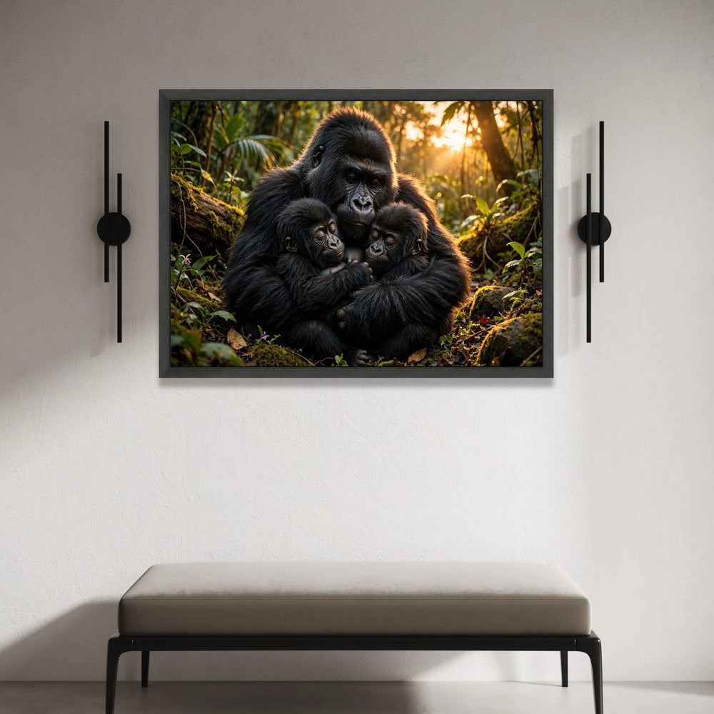 Gorilla Family Embrace Canvas, Jungle Wildlife Wall Art, Animal Love Nature Canvas, Heartwarming Animal Portrait, Home Canvas Print Art