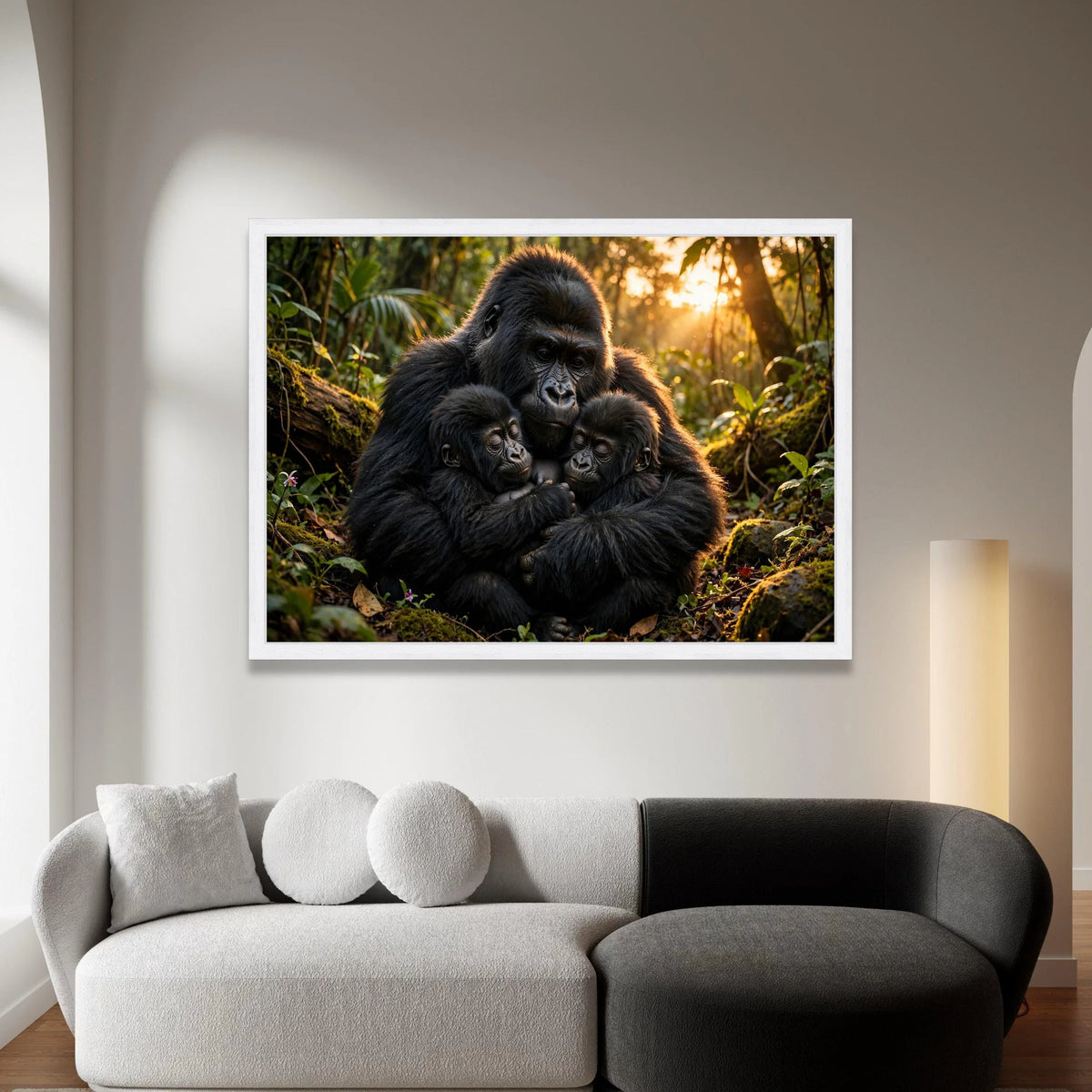 Gorilla Family Embrace Canvas, Jungle Wildlife Wall Art, Animal Love Nature Canvas, Heartwarming Animal Portrait, Home Canvas Print Art