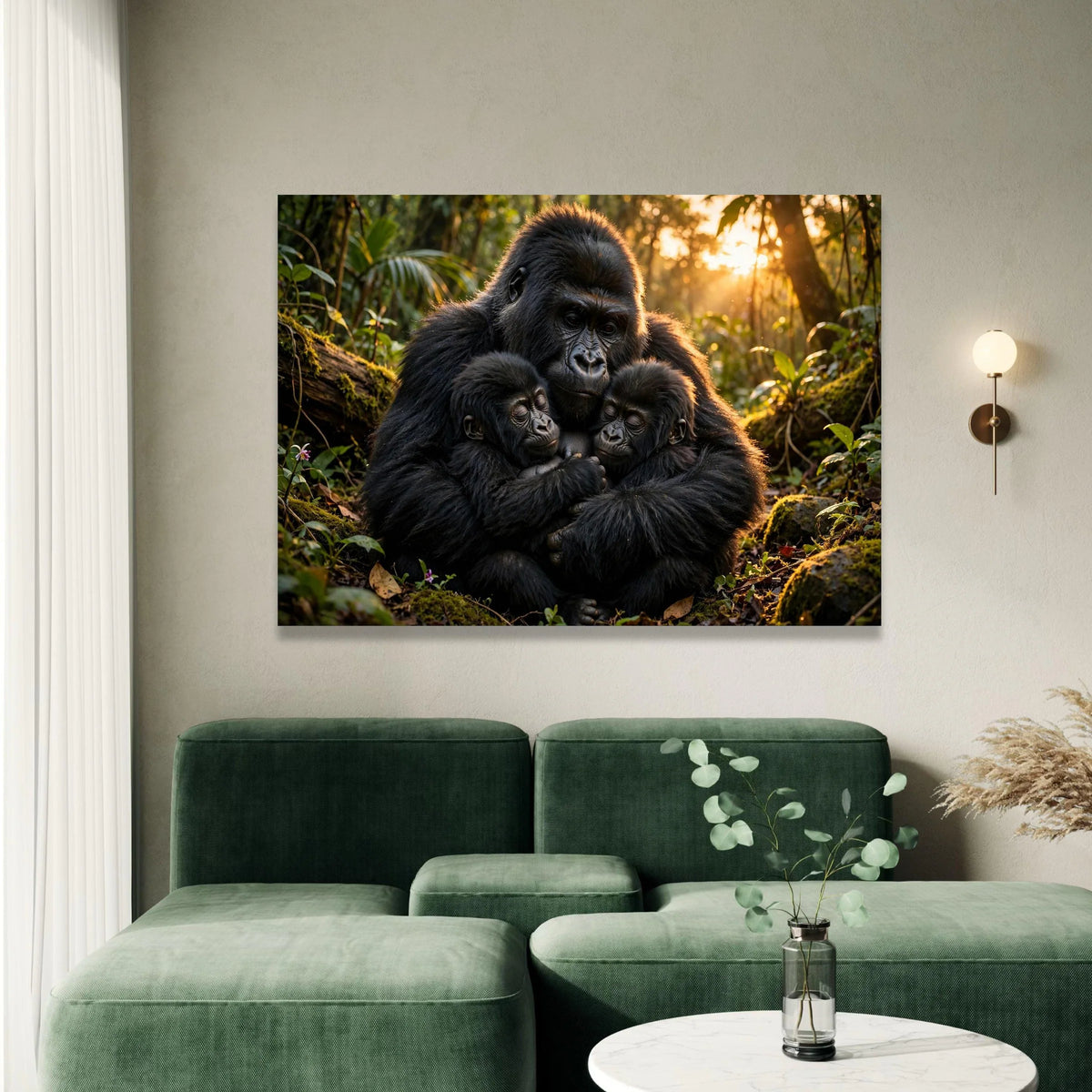 Gorilla Family Embrace Canvas, Jungle Wildlife Wall Art, Animal Love Nature Canvas, Heartwarming Animal Portrait, Home Canvas Print Art