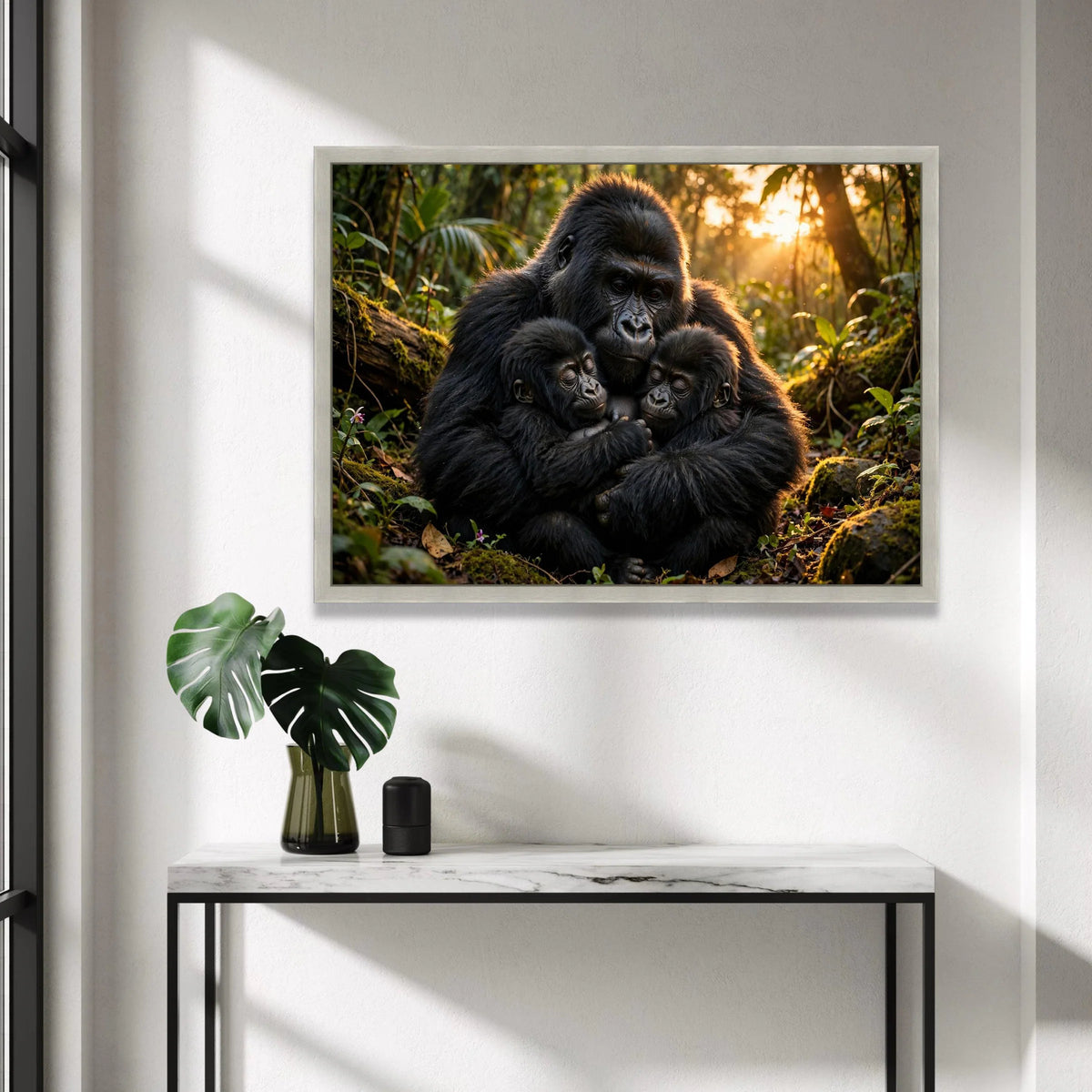 Gorilla Family Embrace Canvas, Jungle Wildlife Wall Art, Animal Love Nature Canvas, Heartwarming Animal Portrait, Home Canvas Print Art