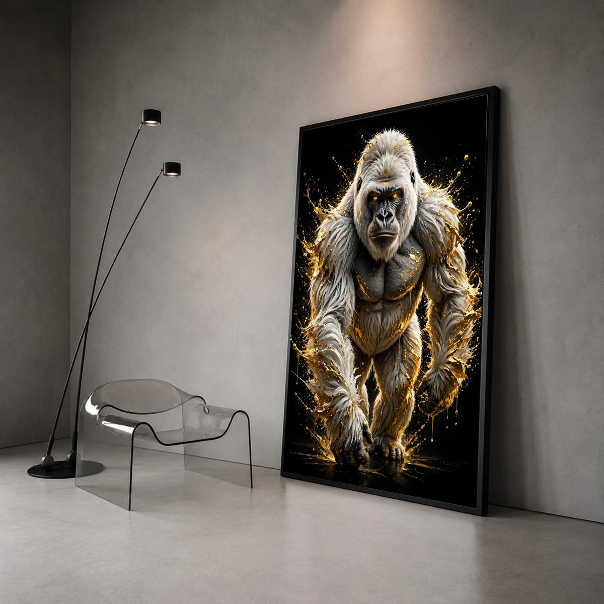 Powerful White Gorilla Canvas Wall Art, Dynamic Animal Portrait, Fierce Wildlife Illustration, Black Background Modern Home Canvas Print Art