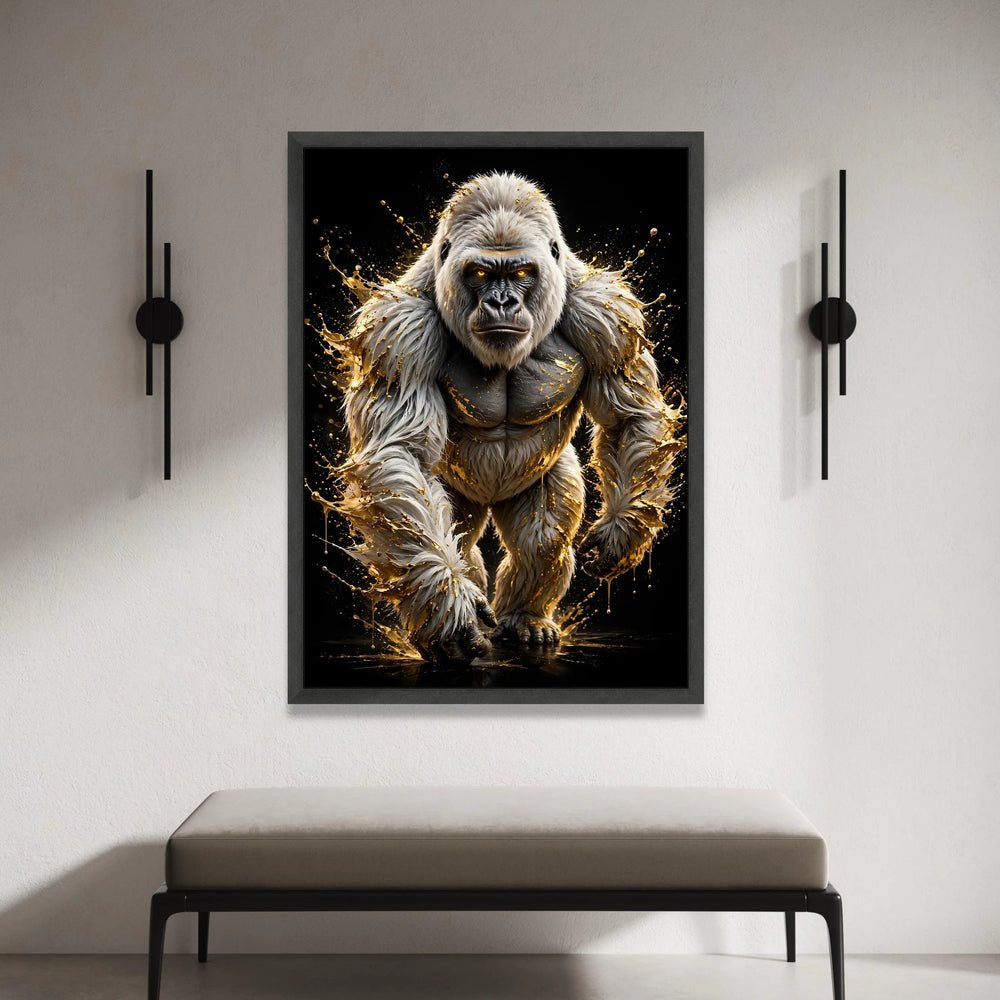 Powerful White Gorilla Canvas Wall Art, Dynamic Animal Portrait, Fierce Wildlife Illustration, Black Background Modern Home Canvas Print Art
