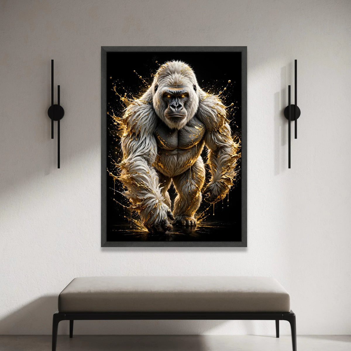 Powerful White Gorilla Canvas Wall Art, Dynamic Animal Portrait, Fierce Wildlife Illustration, Black Background Modern Home Canvas Print Art