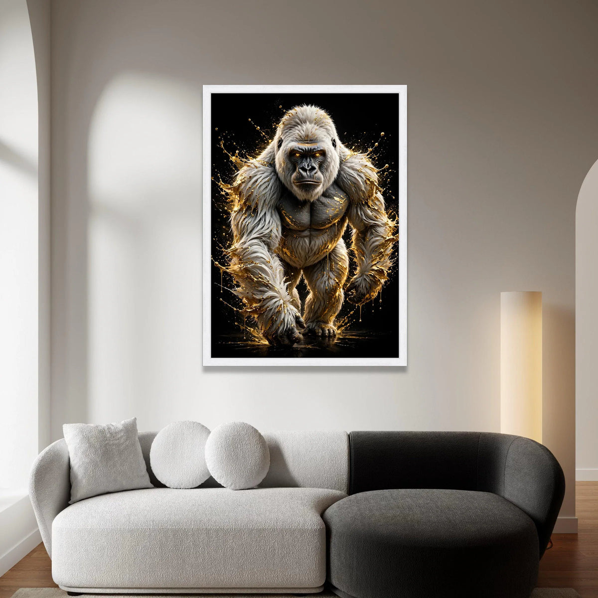 Powerful White Gorilla Canvas Wall Art, Dynamic Animal Portrait, Fierce Wildlife Illustration, Black Background Modern Home Canvas Print Art