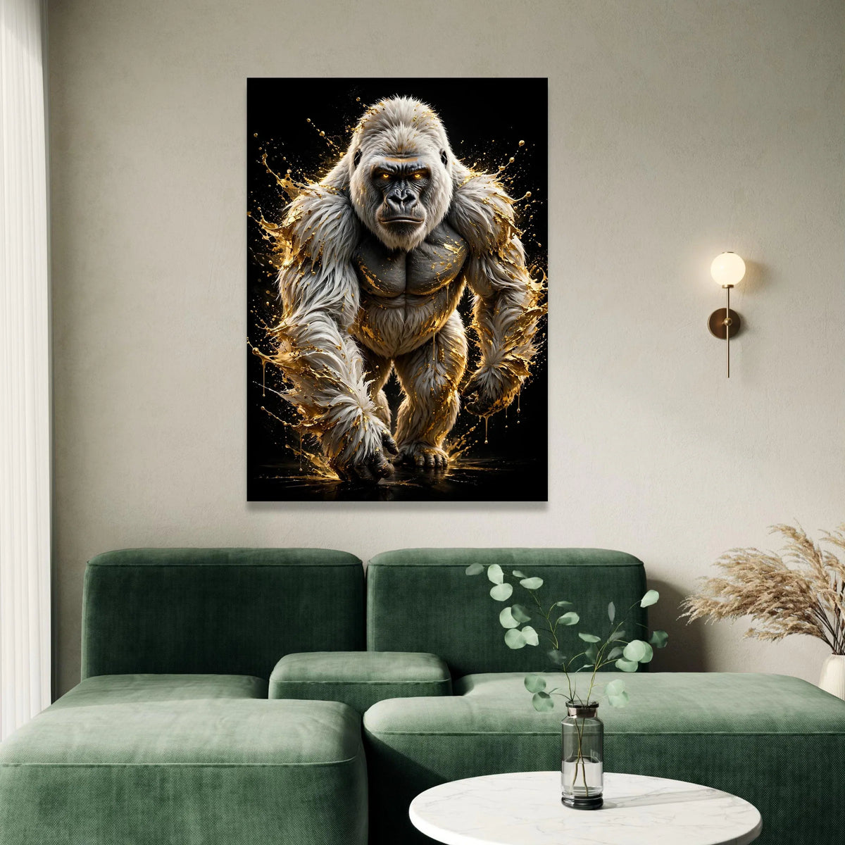 Powerful White Gorilla Canvas Wall Art, Dynamic Animal Portrait, Fierce Wildlife Illustration, Black Background Modern Home Canvas Print Art