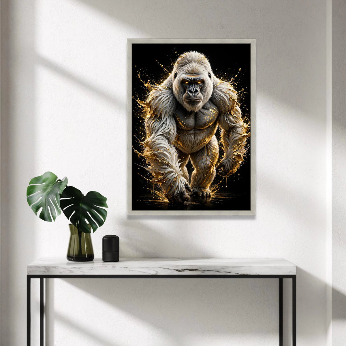 Powerful White Gorilla Canvas Wall Art, Dynamic Animal Portrait, Fierce Wildlife Illustration, Black Background Modern Home Canvas Print Art