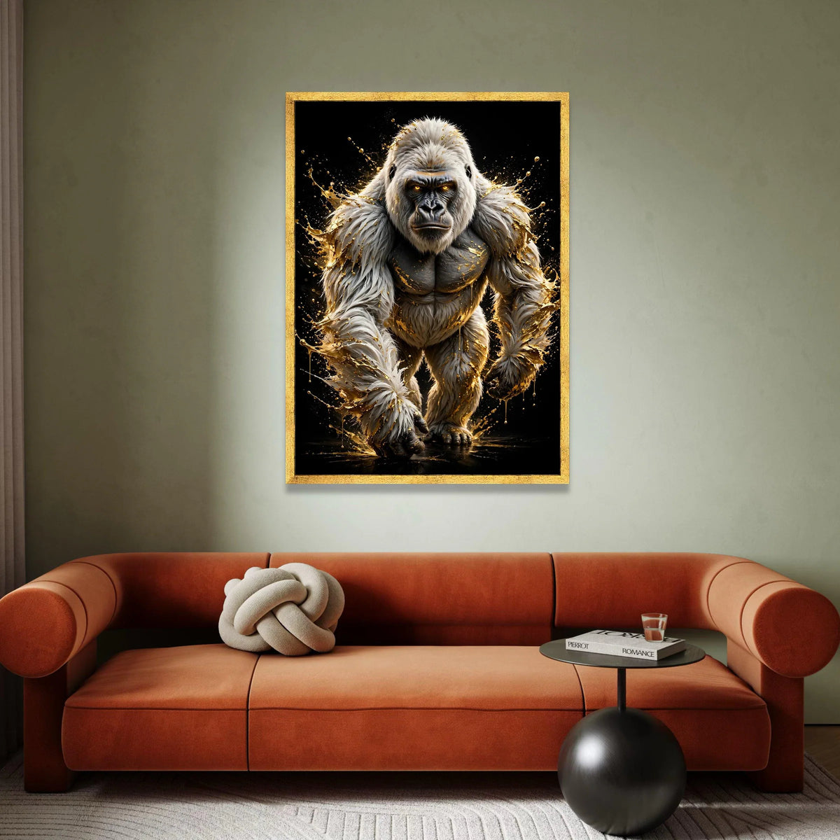 Powerful White Gorilla Canvas Wall Art, Dynamic Animal Portrait, Fierce Wildlife Illustration, Black Background Modern Home Canvas Print Art