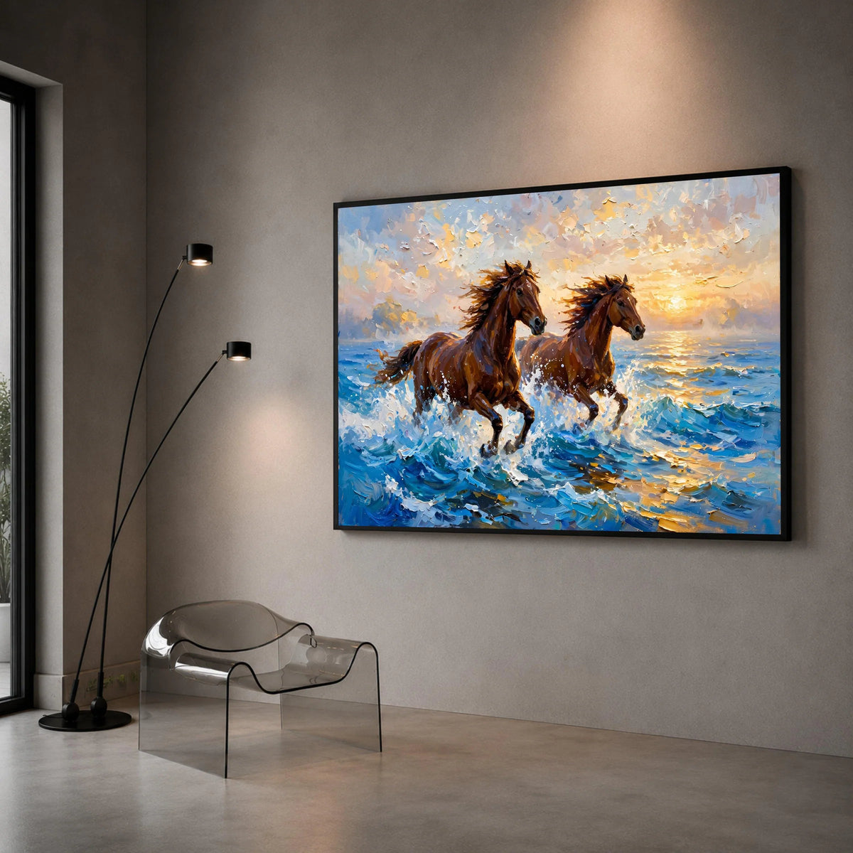 Majestic Horses Running at Sunset Canvas, Ocean Wave Wall Art, Brown Horse Painting, Nature Animal Canvas, Coastal Home Canvas Print Art
