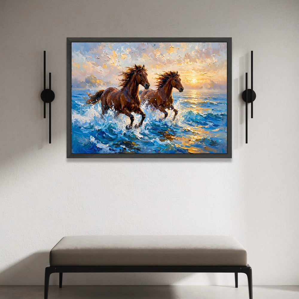 Majestic Horses Running at Sunset Canvas, Ocean Wave Wall Art, Brown Horse Painting, Nature Animal Canvas, Coastal Home Canvas Print Art