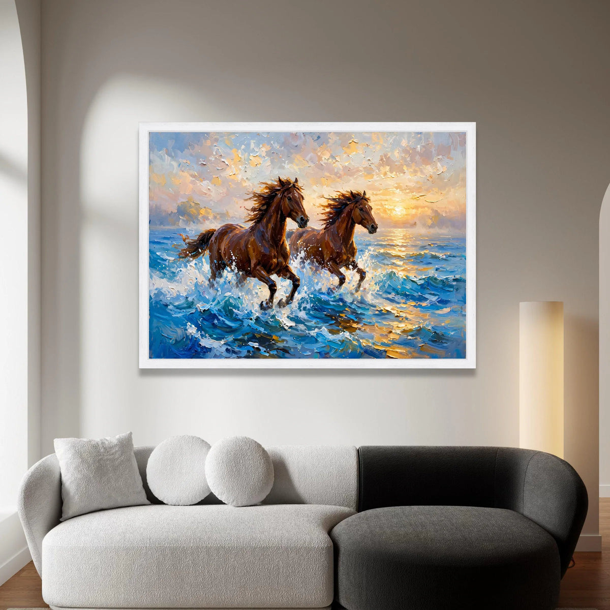 Majestic Horses Running at Sunset Canvas, Ocean Wave Wall Art, Brown Horse Painting, Nature Animal Canvas, Coastal Home Canvas Print Art