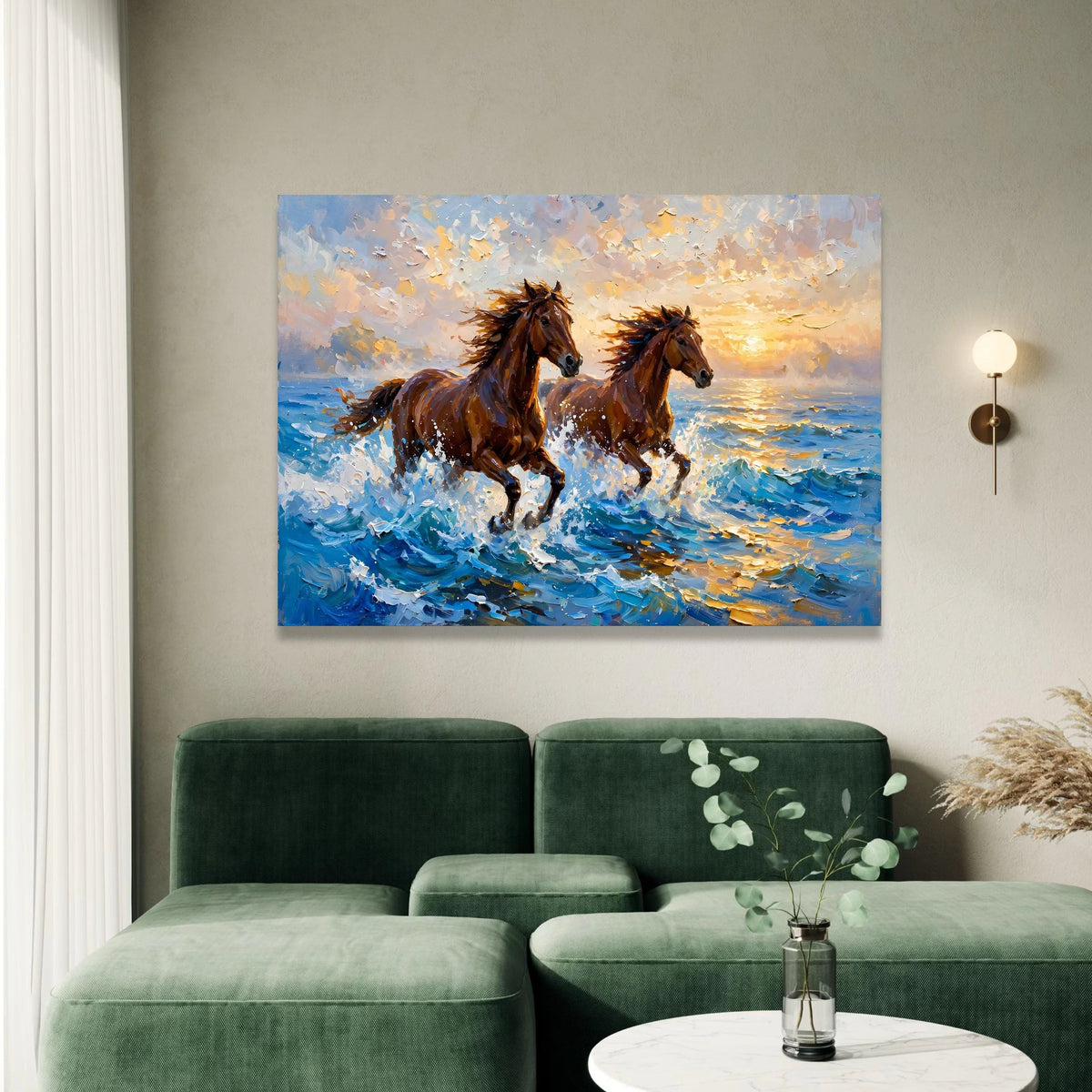 Majestic Horses Running at Sunset Canvas, Ocean Wave Wall Art, Brown Horse Painting, Nature Animal Canvas, Coastal Home Canvas Print Art