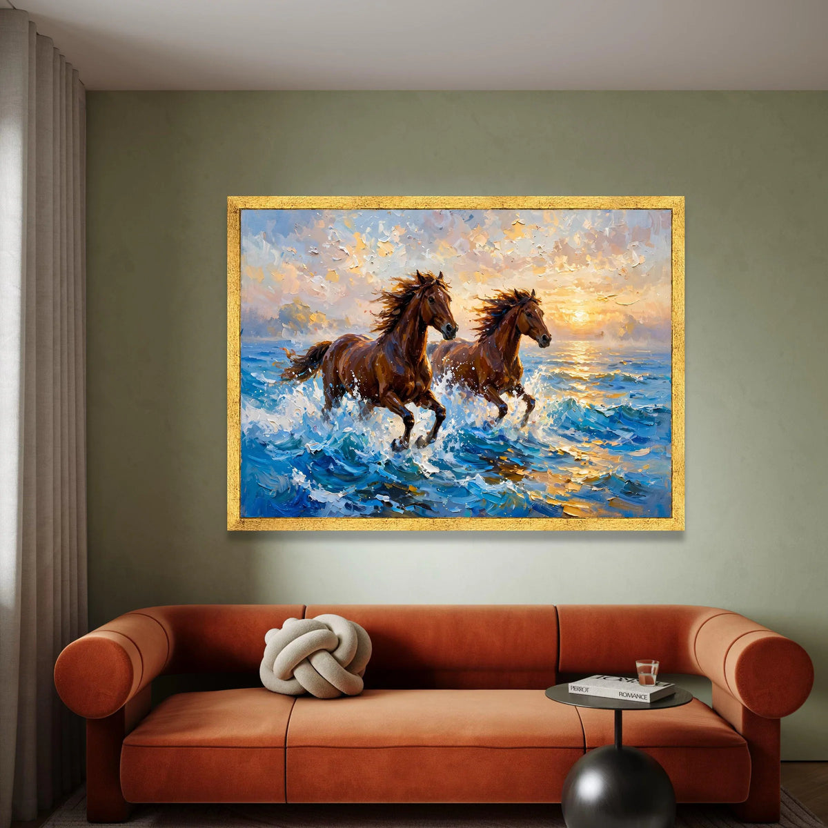 Majestic Horses Running at Sunset Canvas, Ocean Wave Wall Art, Brown Horse Painting, Nature Animal Canvas, Coastal Home Canvas Print Art