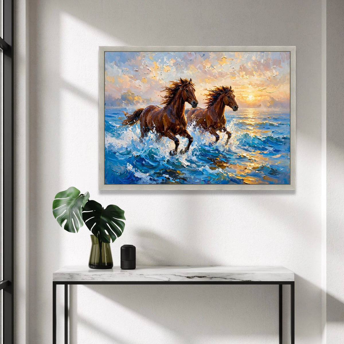 Majestic Horses Running at Sunset Canvas, Ocean Wave Wall Art, Brown Horse Painting, Nature Animal Canvas, Coastal Home Canvas Print Art