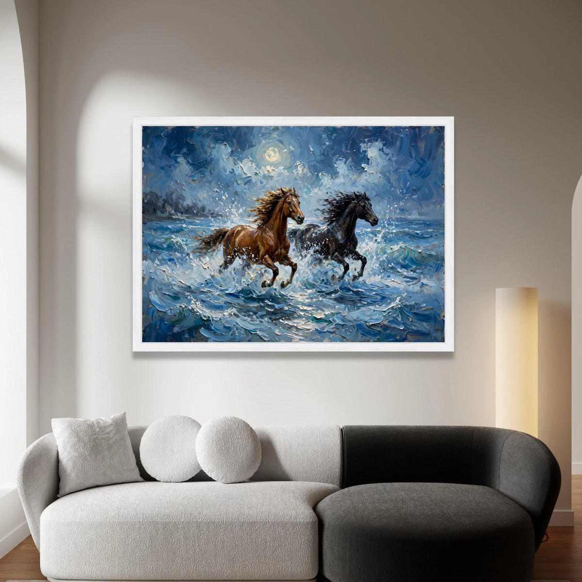 Wild Horses Running Through Ocean Waves Canvas, Moonlit Seascape Wall Art, Dynamic Animal Canvas, Nature Home Decoration Canvas Print Art