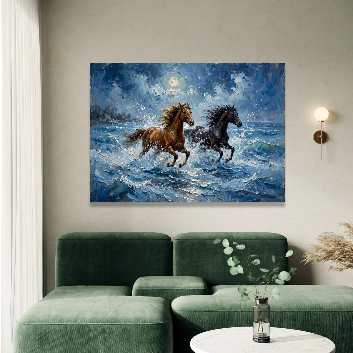 Wild Horses Running Through Ocean Waves Canvas, Moonlit Seascape Wall Art, Dynamic Animal Canvas, Nature Home Decoration Canvas Print Art