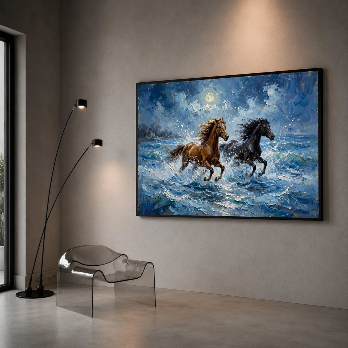 Wild Horses Running Through Ocean Waves Canvas, Moonlit Seascape Wall Art, Dynamic Animal Canvas, Nature Home Decoration Canvas Print Art