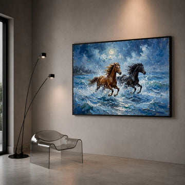 Wild Horses Running Through Ocean Waves Canvas, Moonlit Seascape Wall Art, Dynamic Animal Canvas, Nature Home Decoration Canvas Print Art