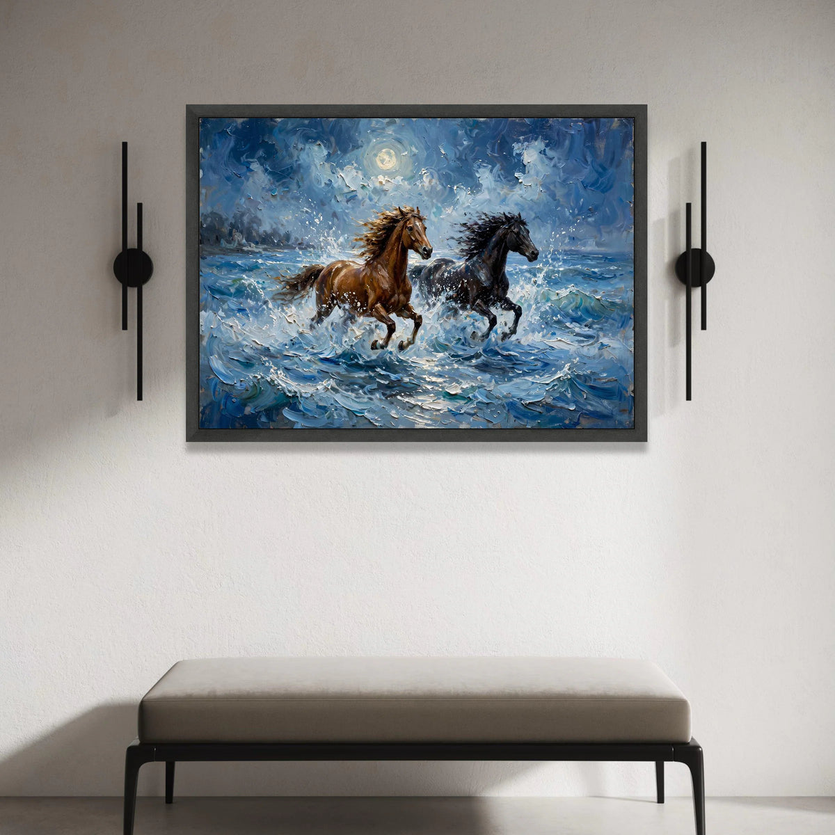 Wild Horses Running Through Ocean Waves Canvas, Moonlit Seascape Wall Art, Dynamic Animal Canvas, Nature Home Decoration Canvas Print Art