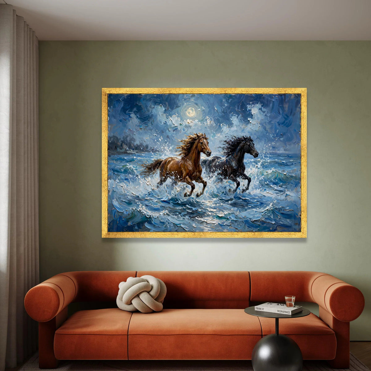 Wild Horses Running Through Ocean Waves Canvas, Moonlit Seascape Wall Art, Dynamic Animal Canvas, Nature Home Decoration Canvas Print Art