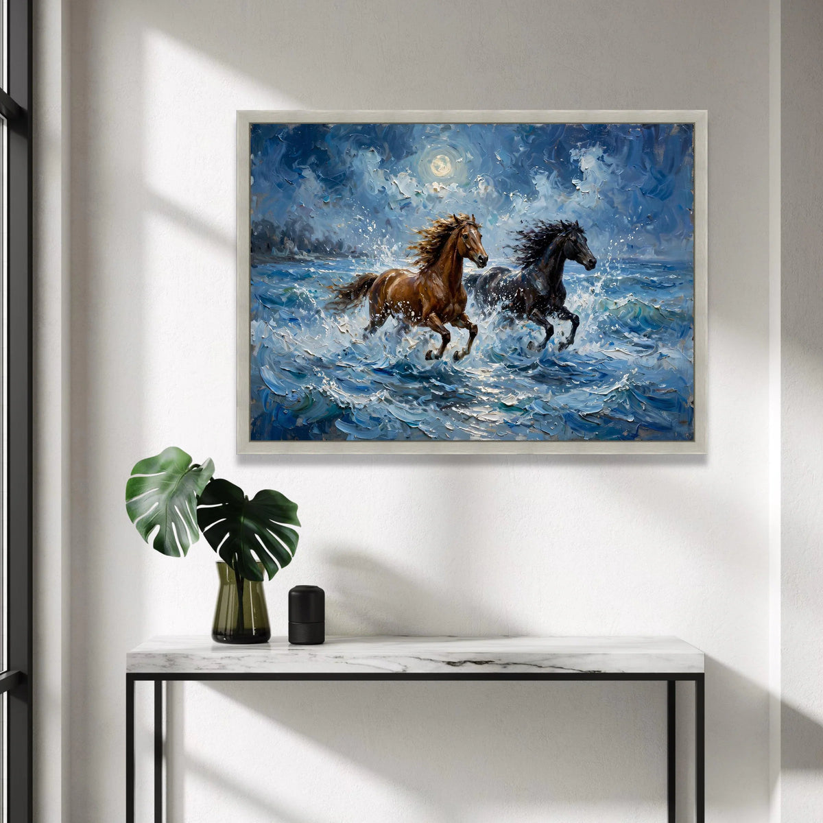 Wild Horses Running Through Ocean Waves Canvas, Moonlit Seascape Wall Art, Dynamic Animal Canvas, Nature Home Decoration Canvas Print Art