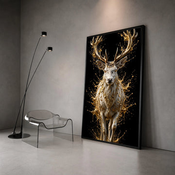 Majestic White Deer Canvas Wall Art, Golden Splash Design, Animal Nature Canvas, Modern Wildlife Decoration, Living Room Canvas Print Art