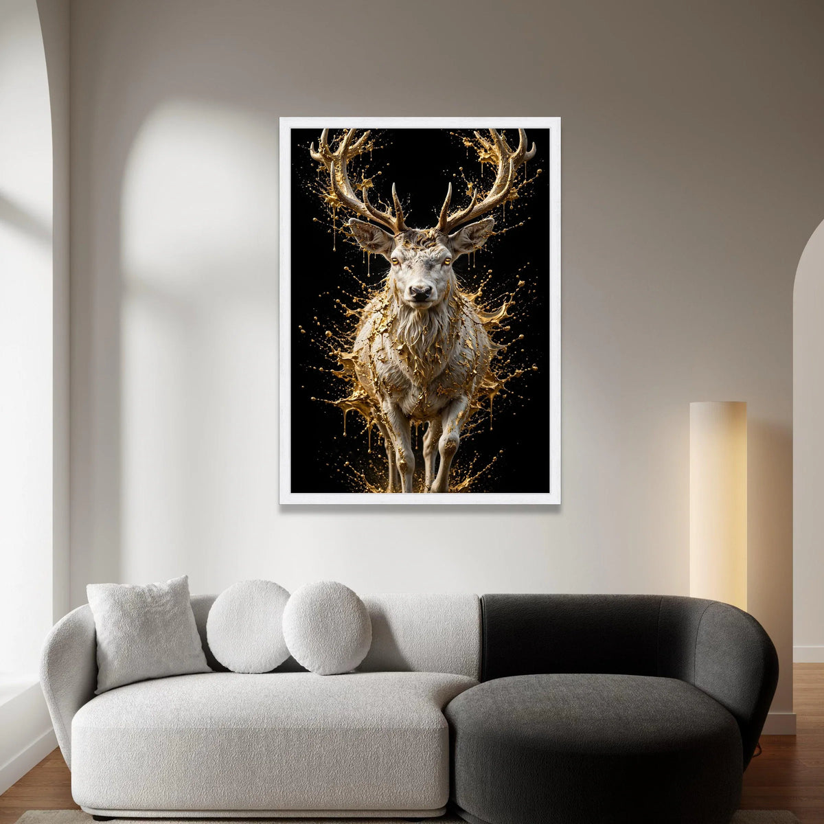 Majestic White Deer Canvas Wall Art, Golden Splash Design, Animal Nature Canvas, Modern Wildlife Decoration, Living Room Canvas Print Art